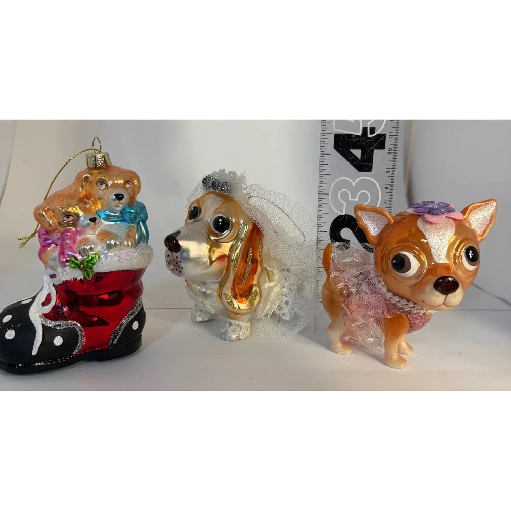 Lot of 3 Mercury Glass Dog Ornaments Chihuahua Basset Hound Bride Puppy Boot